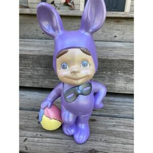 Vintage Atlas Mold Boy Figurine in Purple Bunny Suit with Eye Mask & Easter Egg